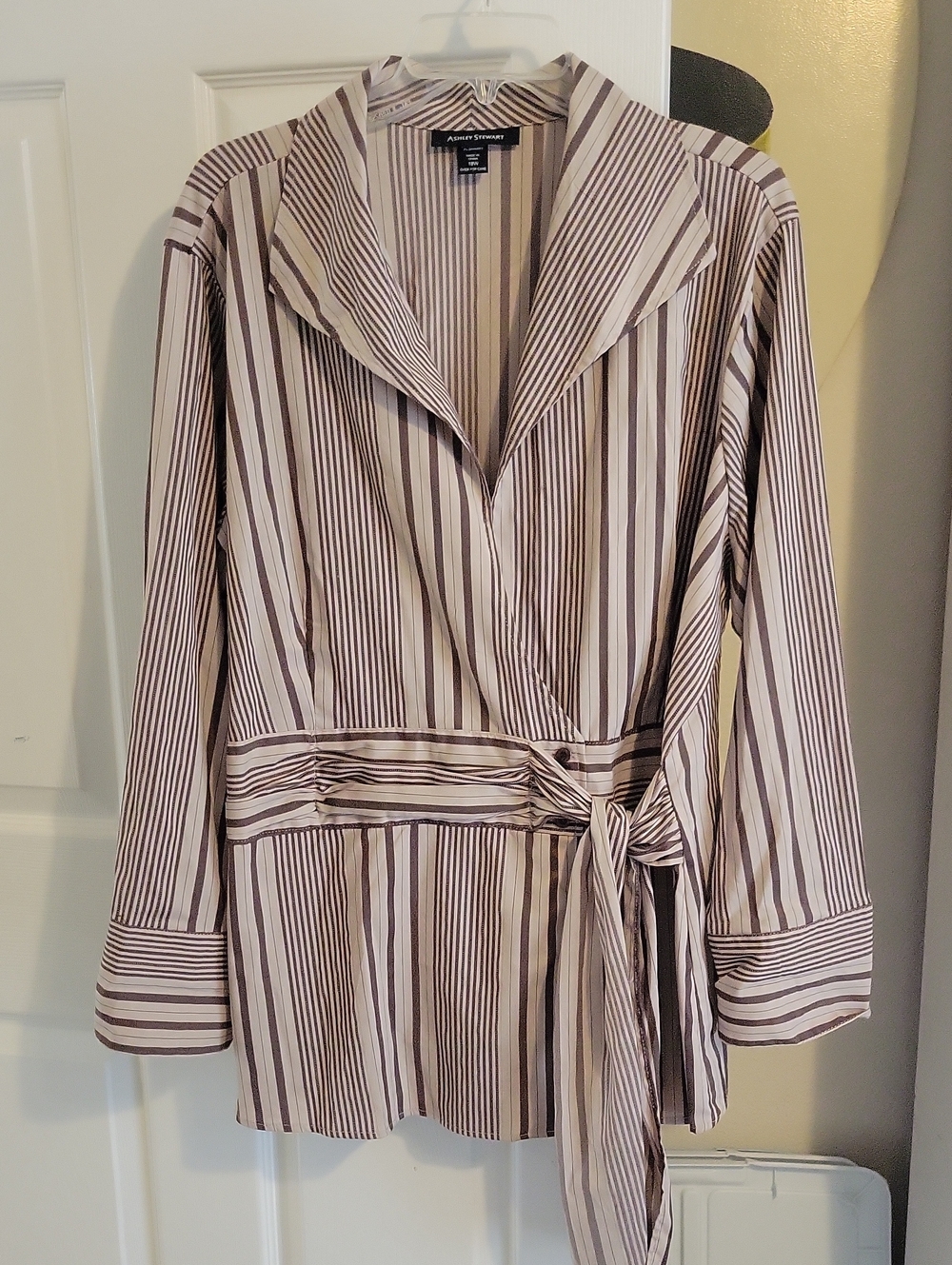 Ashley Stewart Sz18W Taupe & Cream Striped Wrap Style Cotton blend Tunic Top